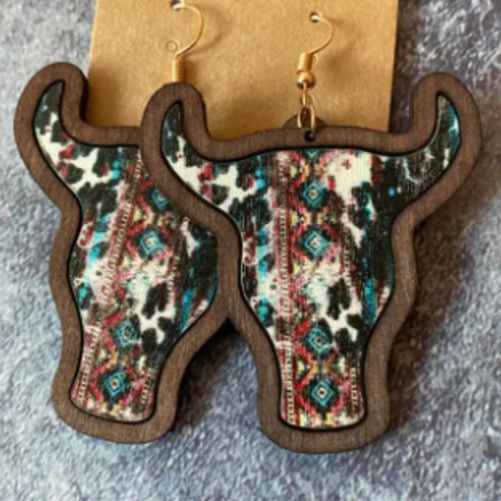 Unbranded Bull Head Earrings Womens OS Brown Western Cow Print Aztec Wood Dangle